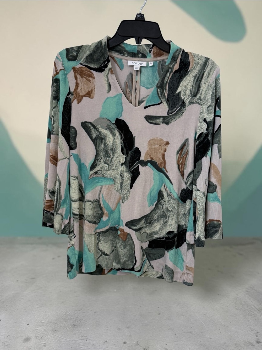 Chico's Teal, Black & Taupe Abstract V-Neck Top